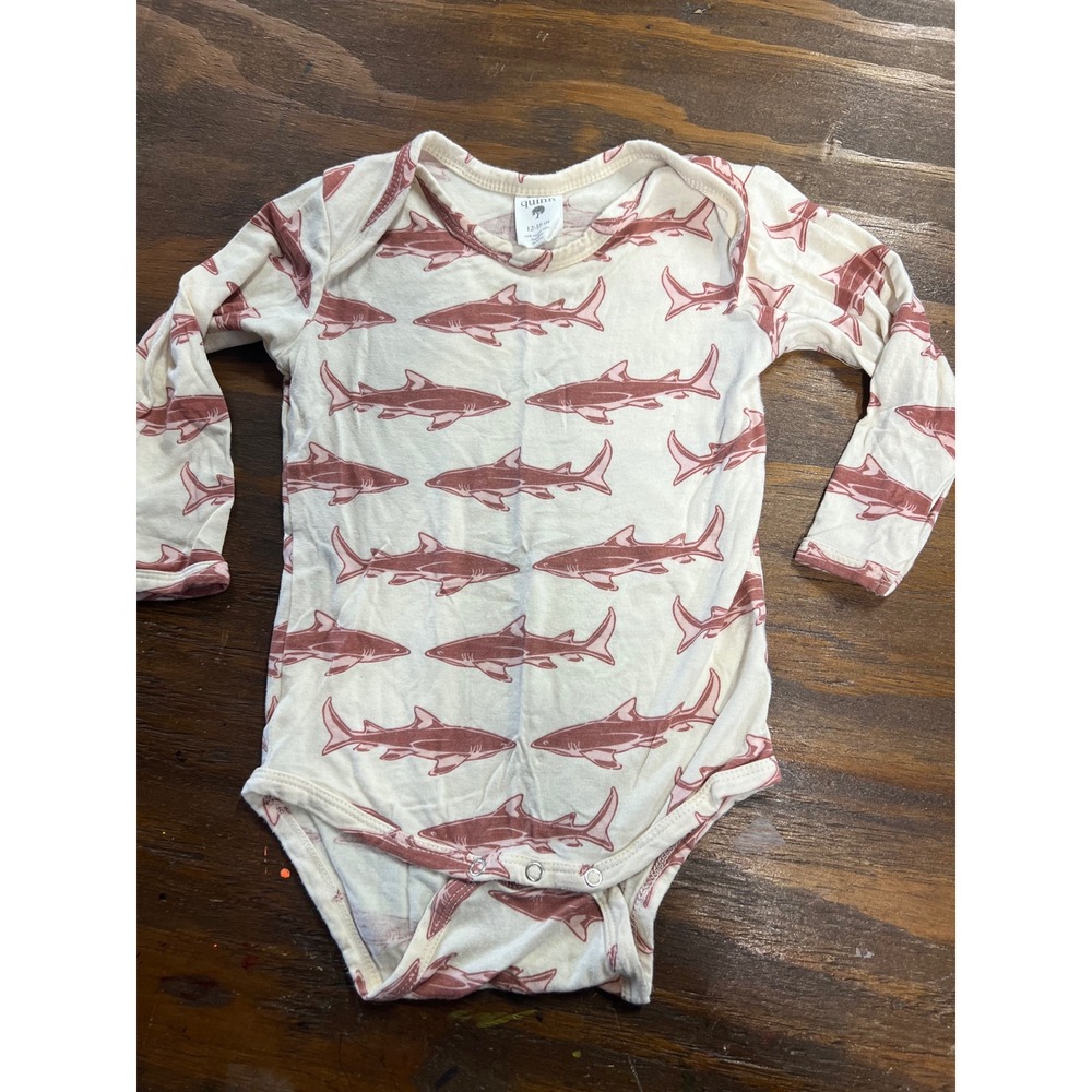Kate Quinn Baby Shark Print Long Sleeve Bamboo Viscose Bodysuit 12-18M Cream Red